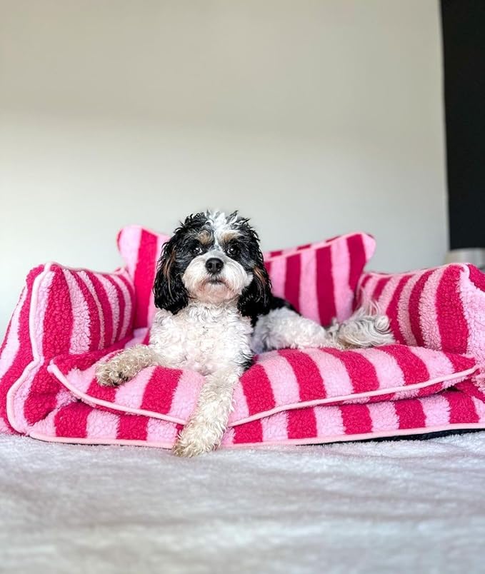 Glow Pups Dog Bed, Pink Dog Bed, Striped Pet Bed Sofa with Soft Cotton Blend, Machine Washable, Cozy Cushion, Large 31.5" x 19.68" x 13" (Pink, Striped, Large)