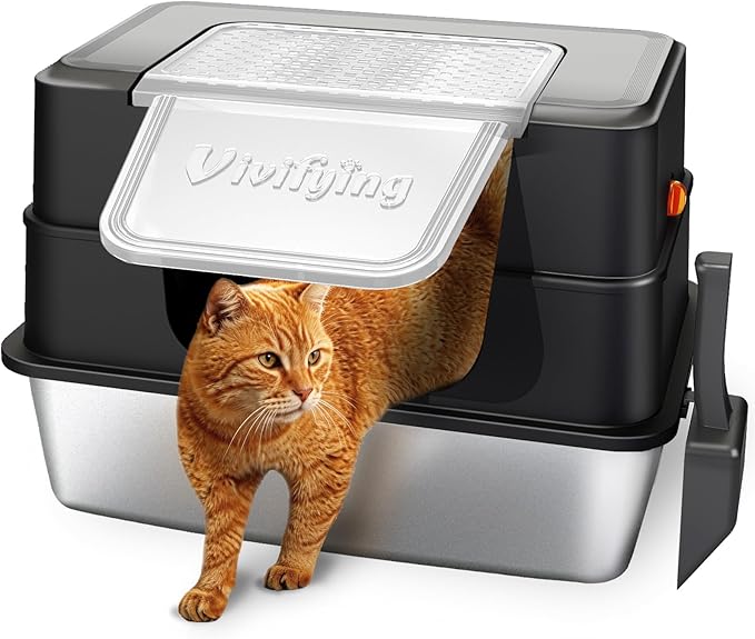 Vivifying Stainless Steel Litter Box, XL Side Entry Extra Large Litter Box with Lid for Big Cats & Kitty, Removable Enclosed Metal Cat Pan with High Sided Enclosure, Scoop (Black)