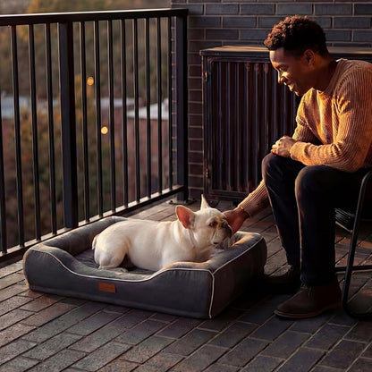 Memory Foam Dog Beds Medium Sized Dog with Removable Bolsters & Washable Cover,Orthopedic Pet Beds Eggshell Foam Infused with Cooling Gel Waterproof Relieves Joint Pain,28"x23"x6.5"Dark Grey