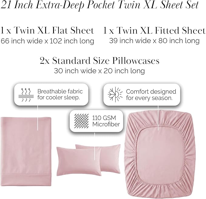 Southshore Fine Living, Inc. 4-Piece Twin XL Sheets Set, 21" Extra Deep Pocket Twin XL Fitted Sheet, Oversized Flat Sheet, Microfiber Bedding Set, Pink Pillowcases Standard Size, Pastel Pink Sheets
