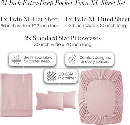 Southshore Fine Living, Inc. 4-Piece Twin XL Sheets Set, 21" Extra Deep Pocket Twin XL Fitted Sheet, Oversized Flat Sheet, Microfiber Bedding Set, Pink Pillowcases Standard Size, Pastel Pink Sheets