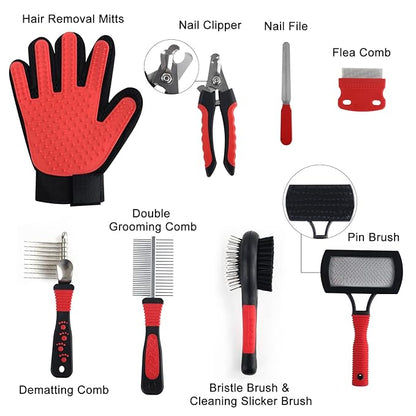 Wisedog Dog Grooming Kit 8PCS - Pin & Bristle Brush, Slicker Brush, Dematting Tool, Nail Clipper, Hair Removal Mitts, Flea Comb for Dogs and Cats (Reddish-black)