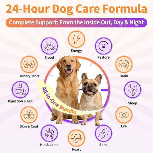 25-in-1 Dog Vitamins and Supplements - Day & Night 2 Pack - Dog Multivitamin Powder with Collagen, Glucosamine, Probiotics - Joint, Gut, Calm, Skin & Immune Support, Beef Flavor, 150 Scoops