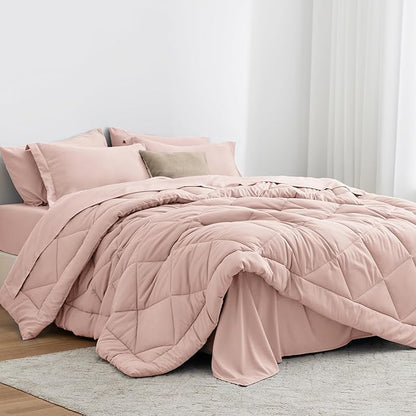 Love's cabin Queen Comforter Set Pink, 7 Pieces Queen Bed in a Bag, All Season Bedding Sets with 1 Comforter, 1 Flat Sheet, 1 Fitted Sheet, 2 Pillowcase and 2 Pillow Sham