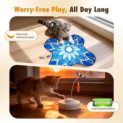 Interactive Cat Toys for Indoor Cats, 3-in-1 Hide and Seek Cat Toy with Fluttering Butterfly & Moving Concealed Feathers, 3 Prey Sounds, Rechargeable Auto Play Mat for Bored Adult Cats/Kittens (Blue)