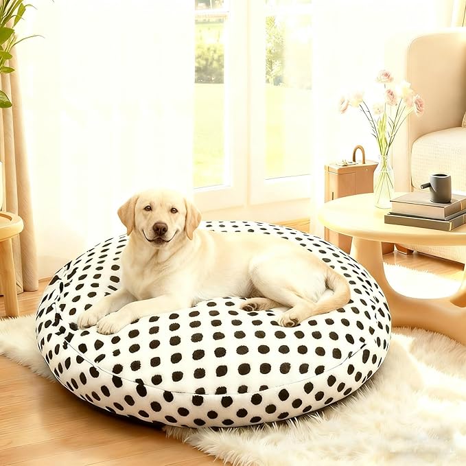 Washable Dog Bed Covers Round Replacement Dog Bed Covers, White 45 Inch Waterproof Sofa Cover with Dot Print Design for Medium & Large Pet Beds, Cover Only