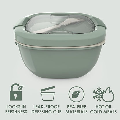 Bentgo Salad Container - 54 oz Bowl with 4-Compartment Toppings Tray, Leak-Proof Dressing Container, Reusable Fork, BPA-Free Lunch Box for Meal Prep & Food Storage; Removable Bento Tray (Khaki Green)