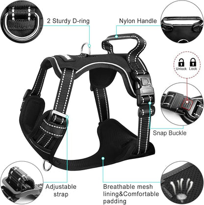 WINSEE Dog/Pet Harnesses No Pull with Dog Collar, Adjustable Reflective Oxford Outdoor Vest, Front/Back Leash Clips for Small, Medium, Large, Extra Large Dogs, Easy Control Handle for Walking