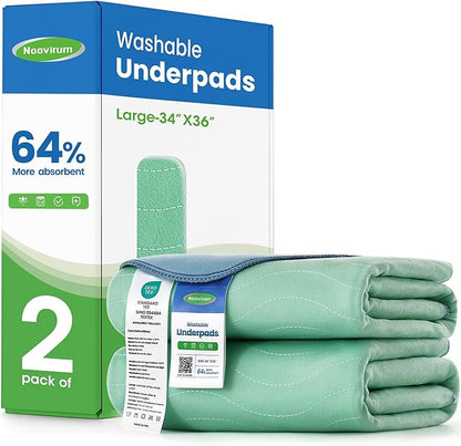 Noovirum® Washable Underpads,34"x36" (Pack of 2) - Heavy Absorbency Incontinence Bed Pads for Adults, Kids & Pets - Waterproof Reusable Protective Pad for Bed, Sofa, Furniture & Floor