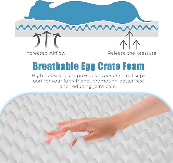 Orthopedic Outdoor Waterproof Dog Beds for Medium Dogs, Washable Pet Bed with Egg Crate Foam Pet Bed Mat for Crate and Removable Oxford Fabric Cover,36"x 26", Blue