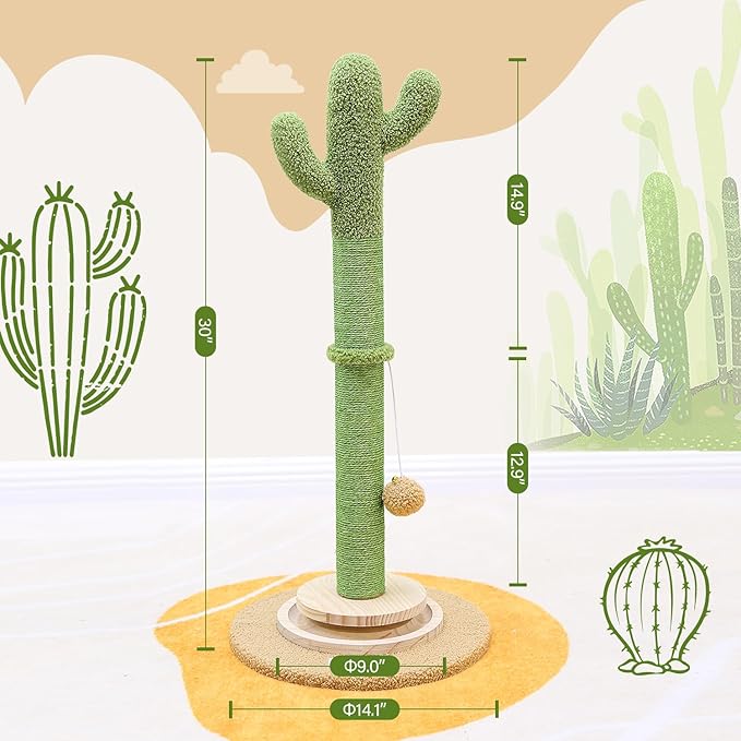 Globlazer Tall Scratching Post for Cats, Cactus Cat Scratching Post Cat Scratcher Cute Sisal Large Cat Scratching Post with Modern Wooden Ball Tracking Interactive Toys, SC30