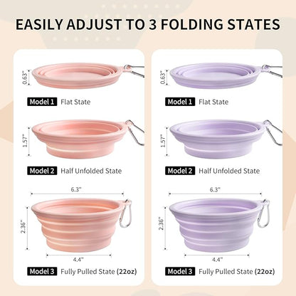 Collapsible Dog Bowls 2-Pack, Portable Travel Dog Bowl with Carabiner, Food-Grade Silicone Pet Bowl for Hiking, Walking (22 OZ Macaron Pink and Violet)