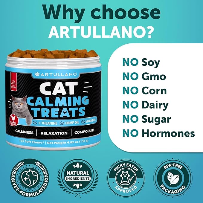 Cat Calming Treats - 2250 mg Hemp Oil per Pack - Stress & Anxiety Relief - Calming Cat Treats with Melatonin - Support Supplement for Vet Visits, Travel, Separation Anxiety, Fireworks - 135 Soft Chews