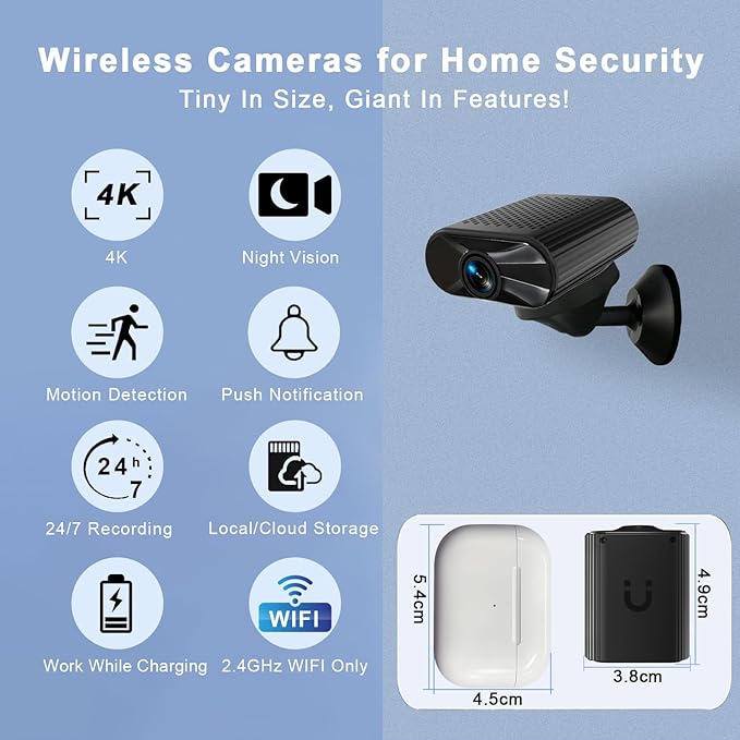 Mini HD 4K Wireless Camera Portable Nanny Cam with Night Vision, Motion Detection, and Phone App Live View - Compact Security Pet Camera for Home/Office 24/7 Cycle Save Video (Big)