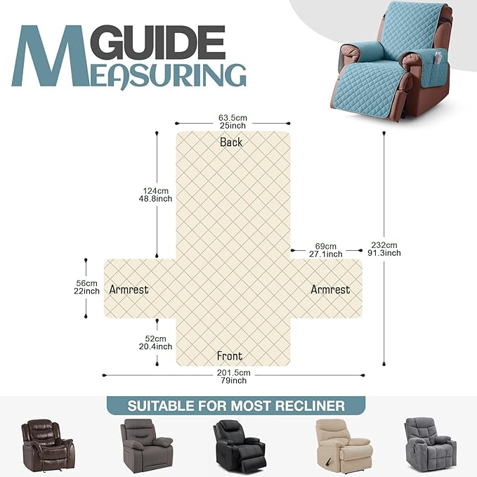 KinCam 100% Waterproof Recliner Chair Cover, Reclining Couch Covers for Pets, Dogs, Recliner Couch Slipcover Furniture Protector with Elastic Straps for Kids(25", Light Blue)