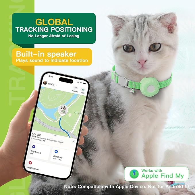 Cat Tracker,No Monthly Fee GPS Trackers for Cats,Pet Tracker Work with Apple Find My App(iOS Only),Real-Time Location Tracking,Cat Tracker GPS Collar with Safety Elastic Buckle-LightGreen