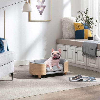 Velvet Dog Bed Pet Sofa with Solid Wood Legs and Bent Wood Back, Stain-Resistant Cushion in Multiple Colors - Luxury Pet Furniture for Cats and Dogs, Light Grey