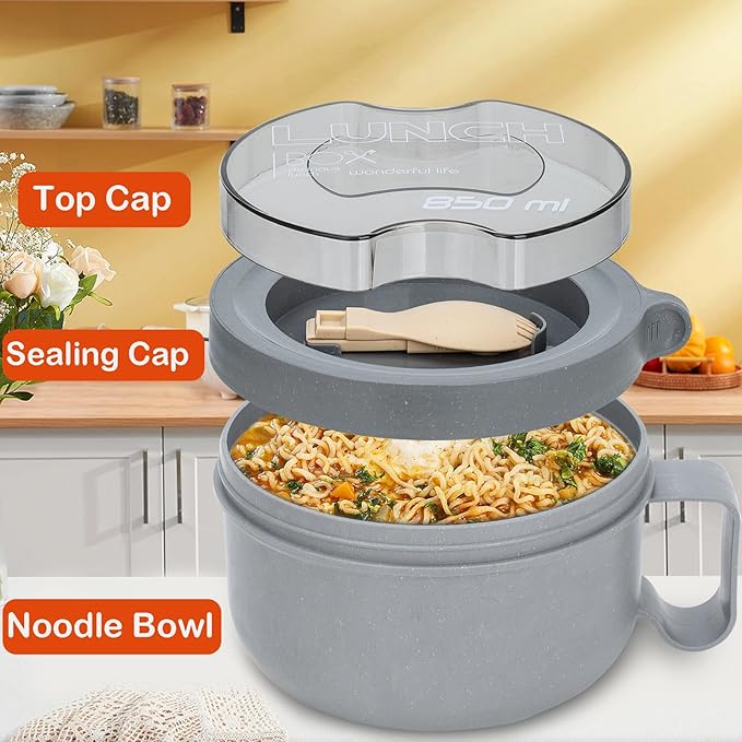 28 oz Soup Bowl with Handles, Microwave Ramen Bowl with Lid for Soup and Instant Noodles,Oatmeal, Gumbo, Salad,BPA Free (Rock Grey)