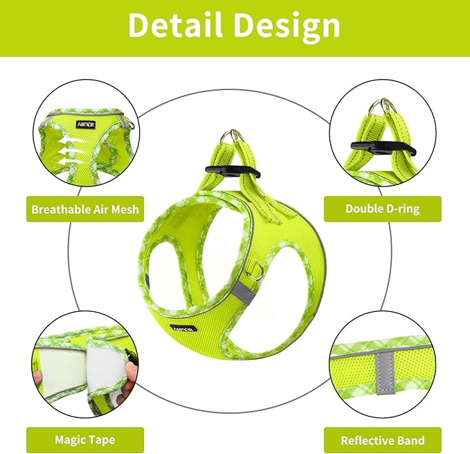 AMTOR Small Dog Harness with Leash Set, No Escape Easy Walk Puppy Harnesses for Training Walking, Step-in Reflective Soft Dogs Vest for XS S Medium Extra-Small Large Sized Dog(S Size,Green/White)
