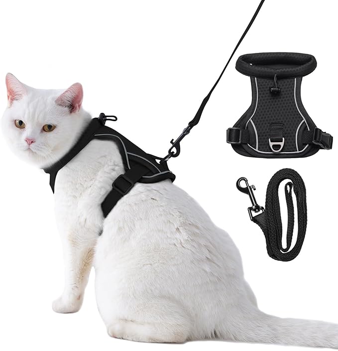 Dotoner Escape Proof Cat Harness and Leash Set Adjustable Soft Mesh Vest for Walking Safe Travel Vet Visit with Reflective Strips for Cats and Kittens(Black-S)