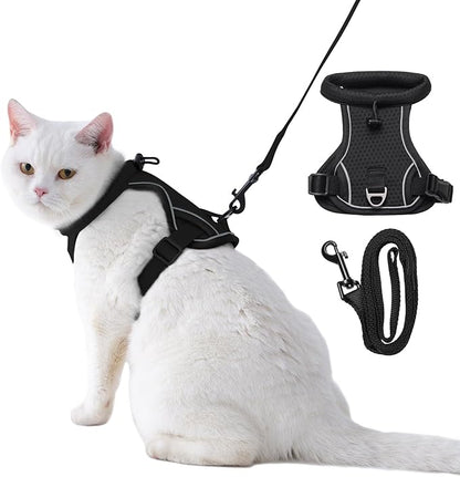 Dotoner Escape Proof Cat Harness and Leash Set Adjustable Soft Mesh Vest for Walking Safe Travel Vet Visit with Reflective Strips for Cats and Kittens(Black-M)