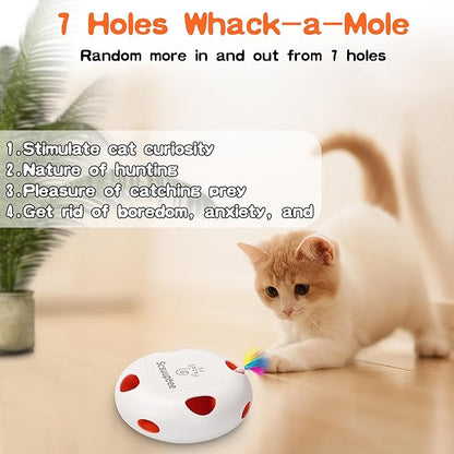 Cat Toys, Rechargeable Interactive Cat Toy, Smart Sensor Pop-Up Feather Toy with 7 Holes, USB Powered Automatic Kitten Toy for Indoor Cats, White