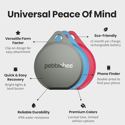 Pebblebee Clip 5 | Rechargeable Bluetooth Tracker Tag for Keys & Bags | Alternative to Air Tag & Android Trackers | 130 dB Siren, Bright LED Strobe, 12-Month Battery, Alert Safety Mode & Phone Finder