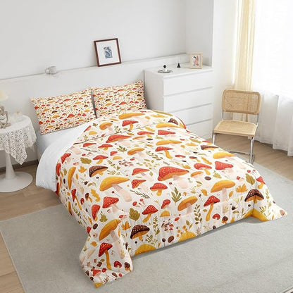 Erosebridal Rainbow Colorful Mushroom Twin Comforter Set Orange Wild Fungus Bedding Sets Botanical Plants Bedding Comforter White Duvet Set Leaves Cartoon Lady Room Décorative Cozy 2 Piece