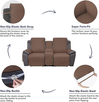 PureFit Water Resistant Reversible Loveseat Recliner Couch Cover for Double Recliner with Console – Non Slip Split Sofa Cover, Washable Reclining Cover for 2 Seat Recliner (2 Seat, Brown/Beige)