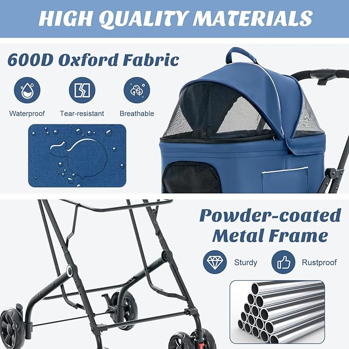 PETSITE Double Dog Stroller, Foldable 3-in-1 4 Wheels Cat Pet Stroller with 2 Detachable Carriers, Safety Belt, Washable Cover, Removable Pads, Ideal for Small Medium Dogs Cats (Blue)