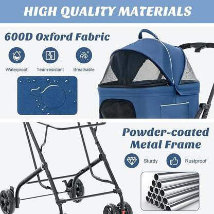 PETSITE Double Dog Stroller, Foldable 3-in-1 4 Wheels Cat Pet Stroller with 2 Detachable Carriers, Safety Belt, Washable Cover, Removable Pads, Ideal for Small Medium Dogs Cats (Blue)