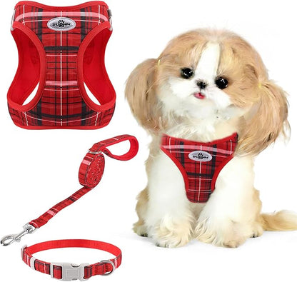 Gyuzh Small Dog Harness and Leash Set for Puppies - 3 Pieces Step in No Pull Vest & Collar, Extra Small Kitten Harness, Breathable Reflective Plaid, Padded Leash (Red, S)