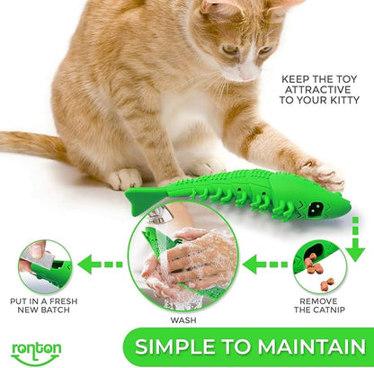 Ronton Cat Toothbrush Catnip Toy - Durable Hard Rubber - Dental Care, Cat Interactive Toothbrush Chew Toy (1 Pack Green (Shrimp)