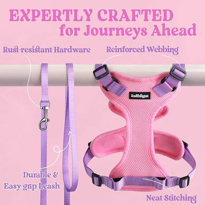 rabbitgoo Cat Harness and Leash for Walking, Escape Proof Soft Adjustable Vest Harnesses for Cats, Easy Control Breathable Reflective Strips Jacket, Pink & Purple, M