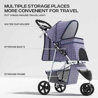 Pet Stroller for Small Dogs 10 lbs, Dog Stroller for Medium Dogs 30 lbs, Cat Strollers for 2 Cats, 3 Wheels Foldable Jogger Puppy Stroller with Storage Basket and Cup Holder, Plaid