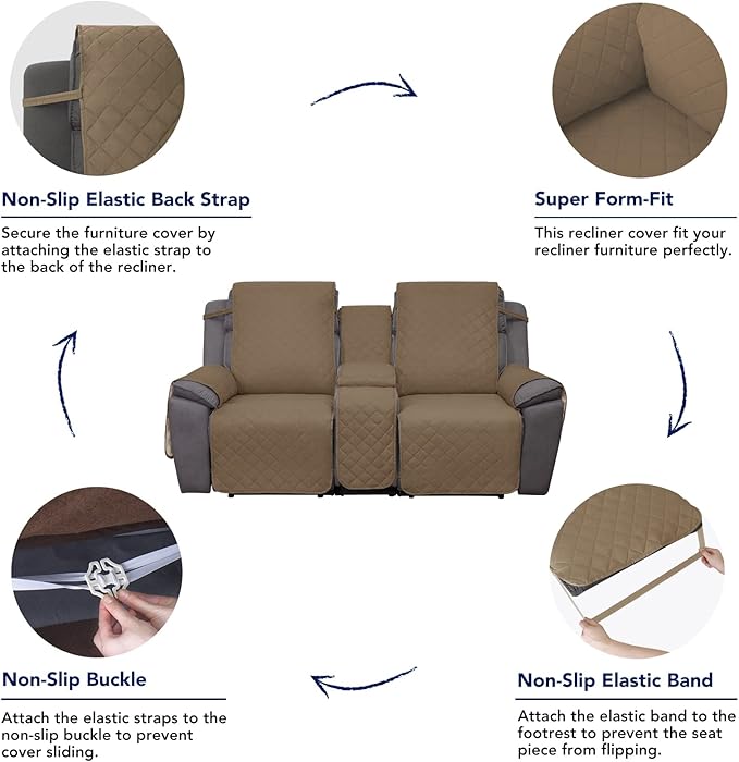 PureFit Water Resistant Reversible Loveseat Recliner Couch Cover for Double Recliner with Console – Non Slip Split Sofa Cover, Washable Reclining Cover for 2 Seat Recliner (2 Seat, Camel/Ivory)