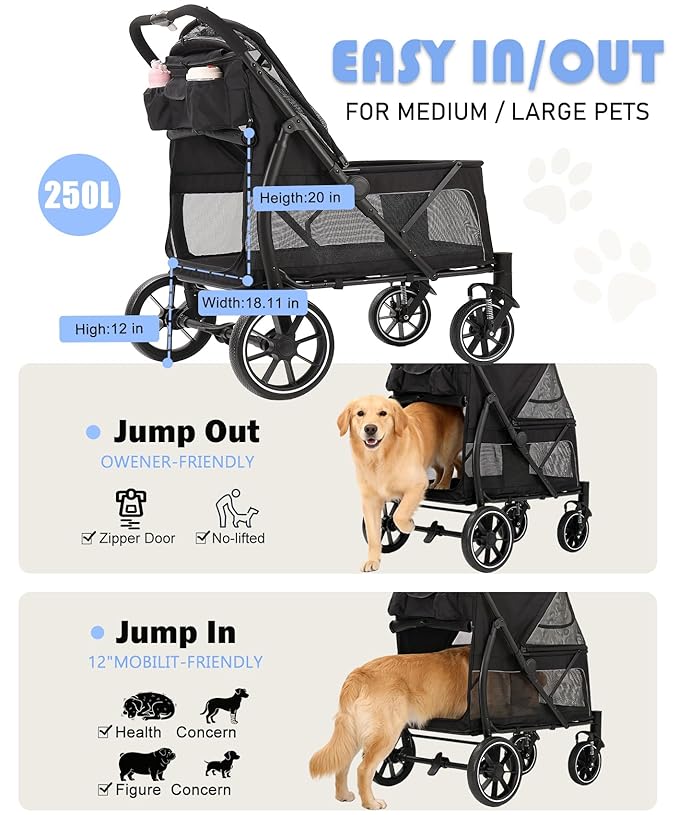 Large Dogs Stroller for Multiple Pets up to 100lbs, Ultra-Breathable Pet Stroller for Medium 2 Dogs，All-Terrain with& Mesh Dual-Window，1680D Waterproof Oxford Fiber (Black)