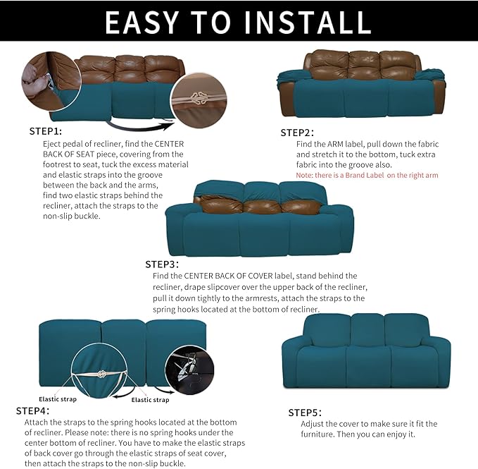 Easy-Going 100% Dual Waterproof Recliner Sofa Cover, 8-Pieces Stretch Relining Couch Cover with Pocket, Jacquard 3 Seat Sofa Slipcover Leakproof Washable (Sofa, Peacock Blue)