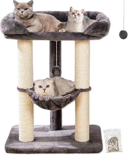 Happi N Pets 28" Cat Tree, Large Bed for Big Cats, Small Cat Tower with Soft Perch for Window Viewing, Stable Cat Tree Tower, Cat Scratching Post with Hammock, Removable Cover-Gray