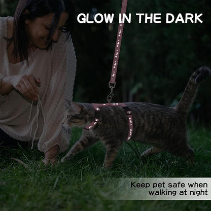 PAWCHIE Cat Harness with Leash and Collar Set - Escape Proof Adjustable H-shped Cat Harness with Star and Moon Pattern Glow in The Dark for Kitty Outdoor Walking