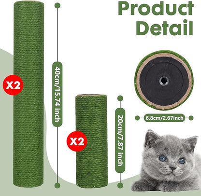 Barelove Cat Scratching Post Replacement, 4 Pieces Cat Scratcher Cat Tree Replacement Parts, 15.4'' x 2.67" Dia + 7.87“ x 2.67" DiaNatural Sisal Rope Cat Scratch Posts Include M8 Screws, Green