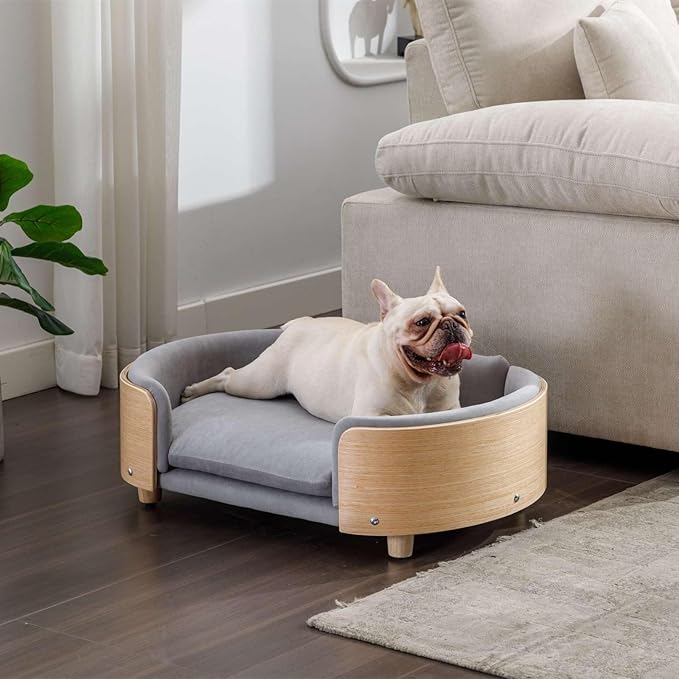 Velvet Dog Bed Pet Sofa with Solid Wood Legs and Bent Wood Back, Stain-Resistant Cushion in Multiple Colors - Luxury Pet Furniture for Cats and Dogs, Light Grey