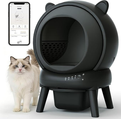 PUPETPO Self Cleaning Litter Box, Automatic Cat Litter Box for Multiple Cats, Auto Litter Box Robot with APP Control, Dual Safety Sensors, Odor Control&Low Noise, Cat Ears Design, Dark Grey