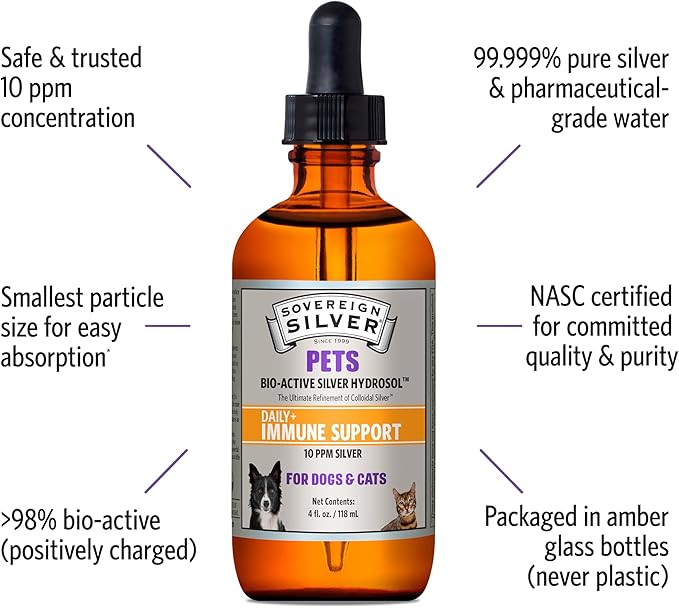 Sovereign Silver Pets Immune Support - Colloidal Silver, Bio-Active Silver Hydrosol, for Dogs and Cats 10 ppm, Liquid Dropper, 4 Fl Oz, (118 mL)
