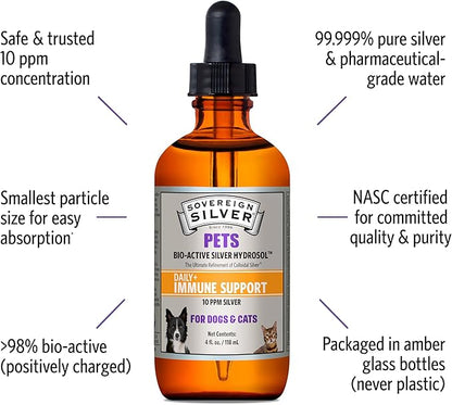 Sovereign Silver Pets Immune Support - Colloidal Silver, Bio-Active Silver Hydrosol, for Dogs and Cats 10 ppm, Liquid Dropper, 4 Fl Oz, (118 mL)