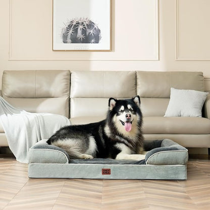 EHEYCIGA Orthopedic Dog Beds for Extra Large Dogs, Waterproof Memory Foam XXL Dog Bed with Sides, Non-Slip Bottom and Egg-Crate Foam Big Pet Couch Bed with Washable Removable Cover, Greyish Green