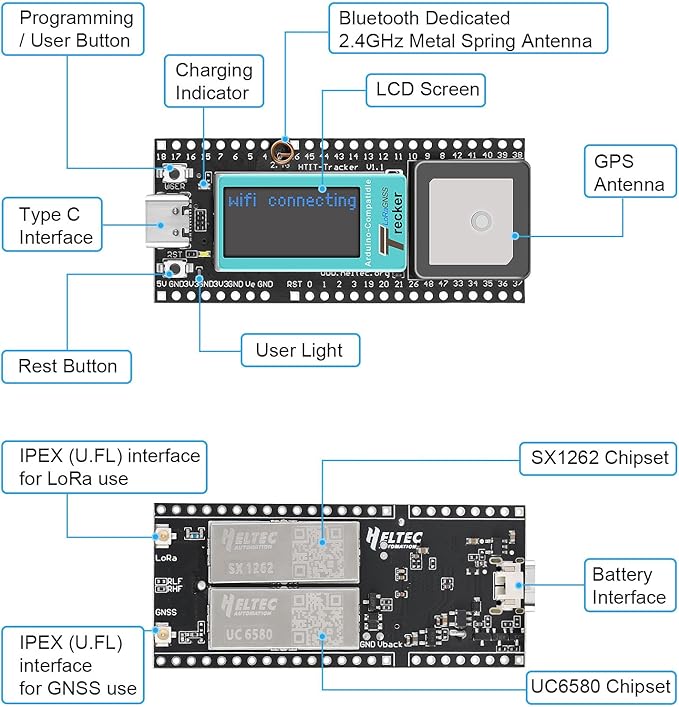 MakerFocus Wireless Tracker Supports GPS Galileo Multi-System Joint Positioning ESP32-S3 WiFi Bluetooth SX1262 UC6580 with 3000mAh Battery, 915MHz LoRa Antenna, 0.96-inch LCD Display for Meshtastic