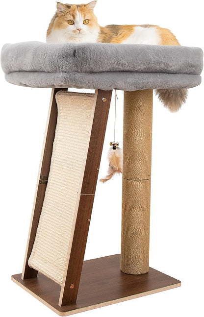 27.5" Cat Scratching Post, 3-in-1 Multifunctional Walnut Finish Pine Wood Cat Furniture, Tall Scratch Posts with Perch&Scratcher, Boxed with Hanging Bell Toy, Medium