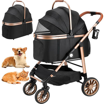 MAMIZO Pet Stroller for Medium Dogs Cats Up to 55 lbs, All-Terrain 3-in-1 Dog Stroller with Detachable Carrier, Rubber Wheels, One-Click Folding, Storage Basket & Cup Holder, for Senior Dogs & Cats