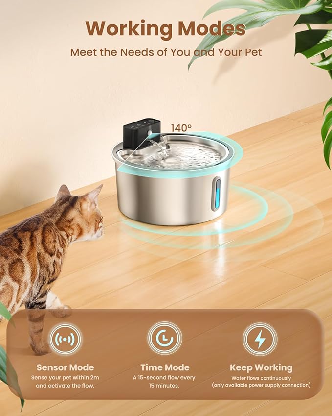 PawPoll Wireless Cat Water Fountain Stainless Steel - 3.2L/108oz Cordless Pet Water Fountain Battery Operated Cat Water Dispenser Ultra Silent Rechargeable Water Fountains for Cats and Dogs